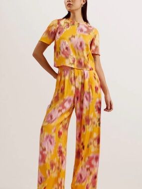 Ted Baker London Yellow Wide-Leg Floral Jumpsuit with Pink Accents